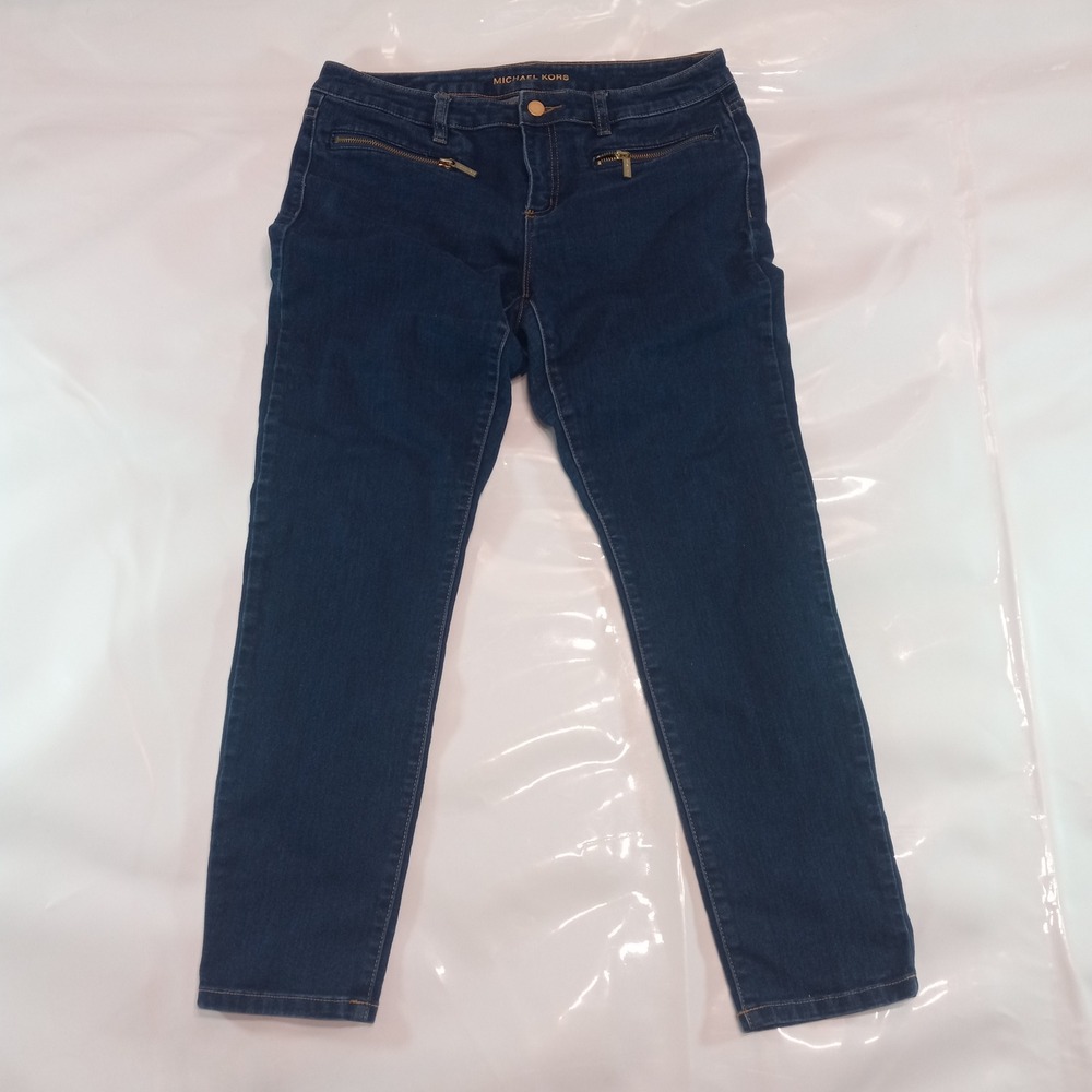Michael Kors Womens Skinny Jeans Dark Wash Gold Zipper Detail Size 10 Denim